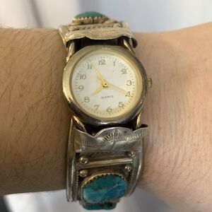 VTG Navajo Sterling Silver Watch Blue Kingman Turquoise Cuff Bracelet Signed “K”